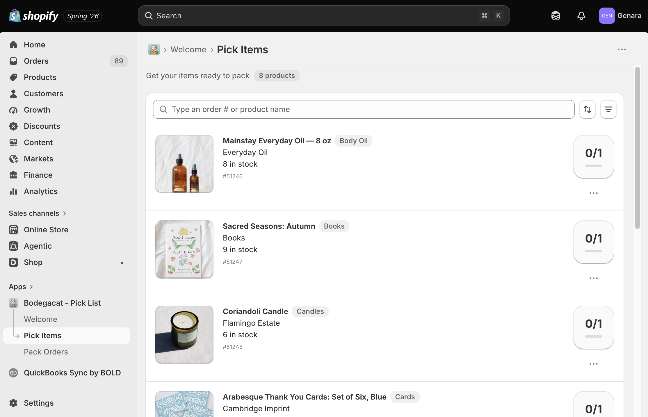 BodegaCat Pick Items inside the Shopify admin